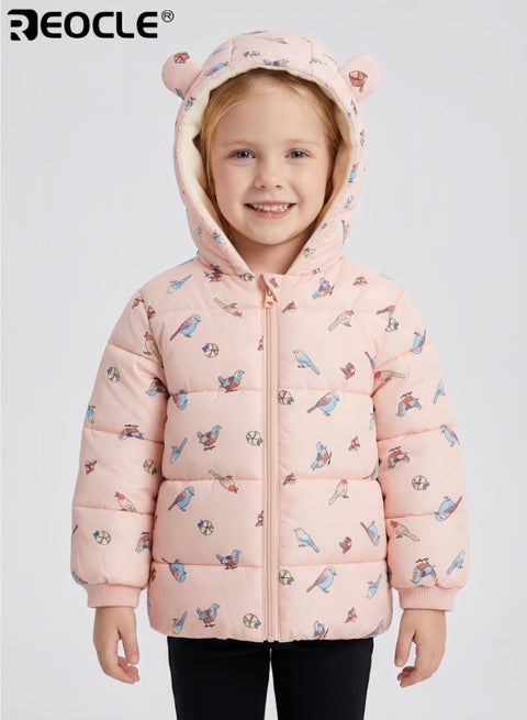 Kid's Winter Coat with Bird Design and Thickened Warmth Boy Girl Padded Jacket with Plush Trim for Cold Weather Wear